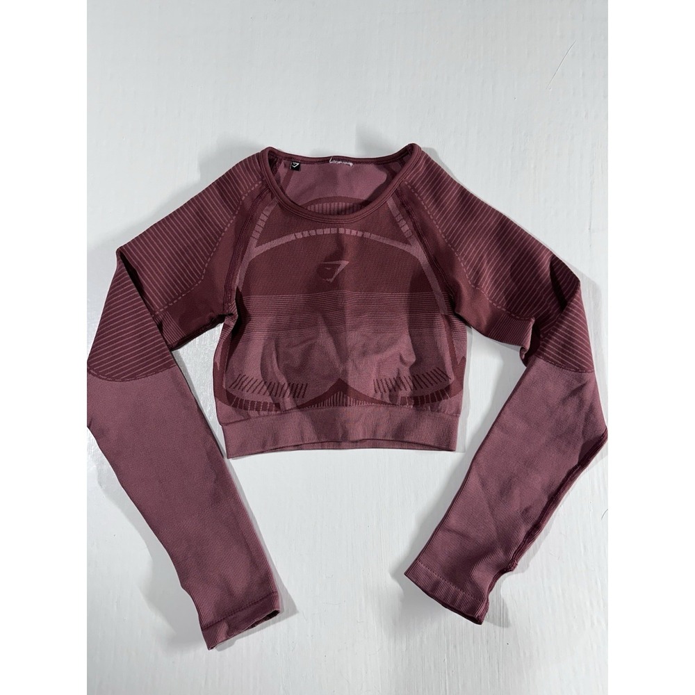 Womens Gymshark Long Sleeve Cropped Athletic T-Shirt Size XS Burgundy Activewear